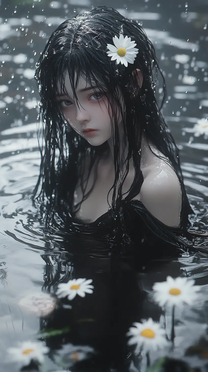 Sad girl standing in a rainy pond with white daisies