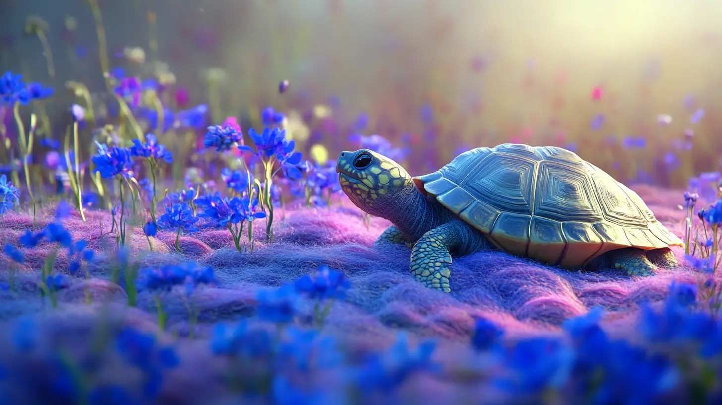 Turtle Weaving Wool In A Flower Filled Field