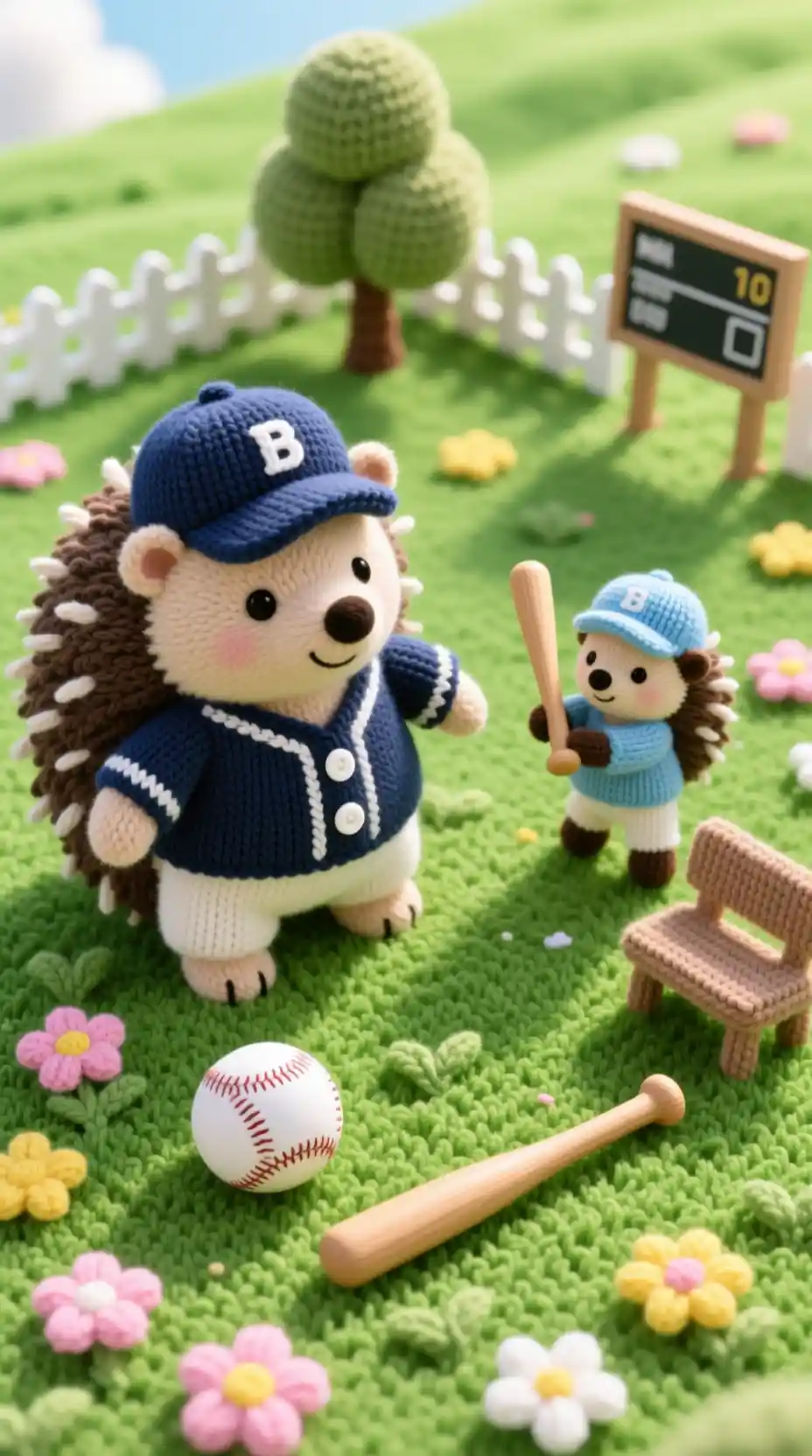 Partita di Baseball con Riccio Lavorato a Maglia su un Prato Verde e Soleggiato
