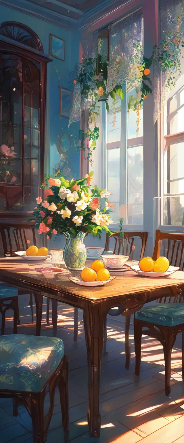 Romantic dining room painting with sunlight and spring garden view