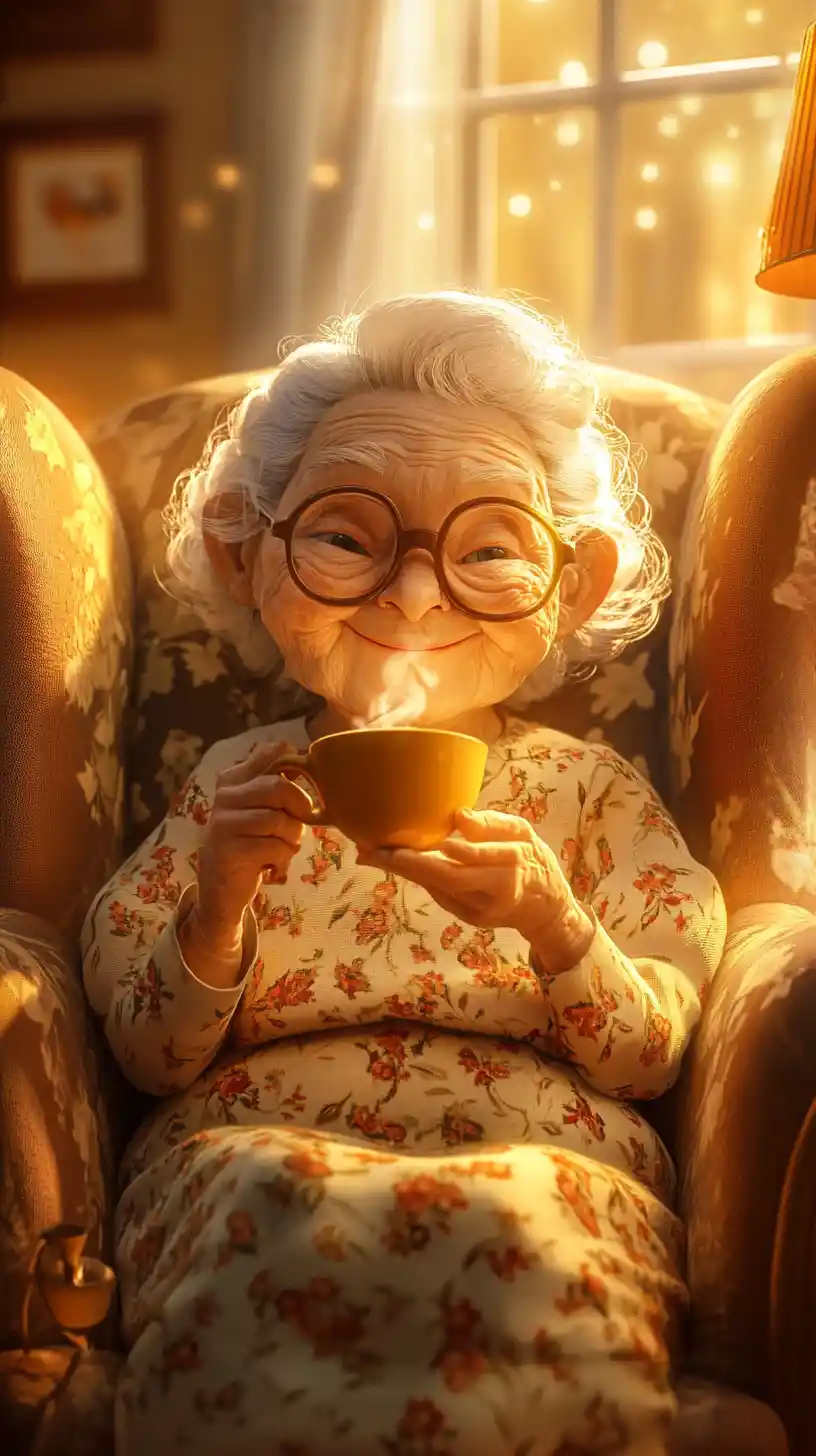 Elderly woman relaxing with tea in a cozy armchair