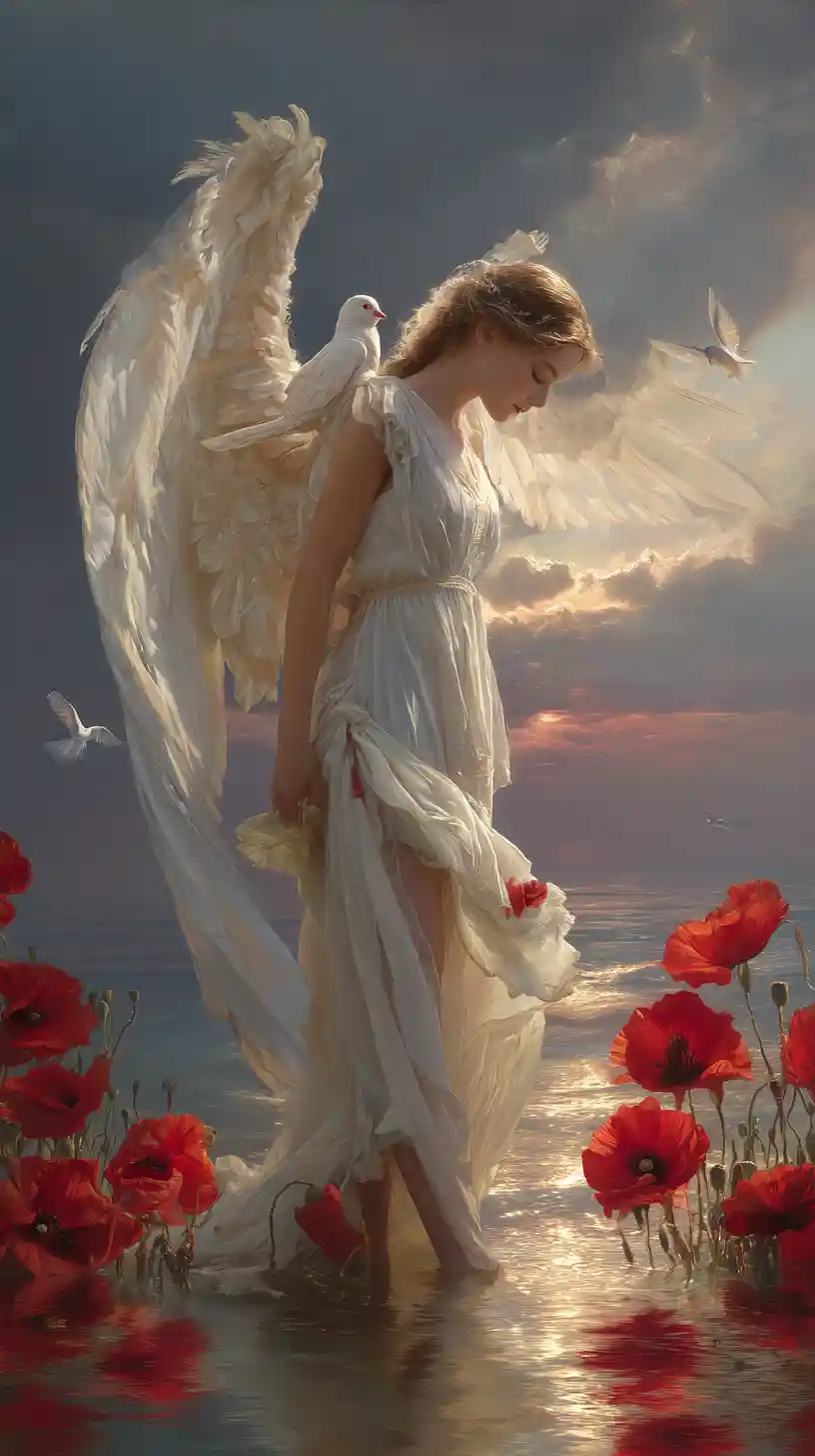 Ethereal angelic woman standing in a glowing lake at sunset