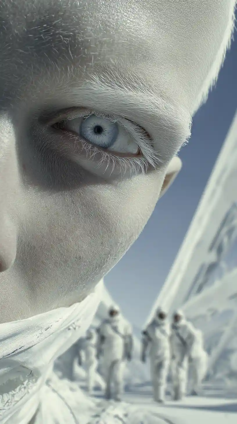 Albino inspired woman in futuristic sterile white interior