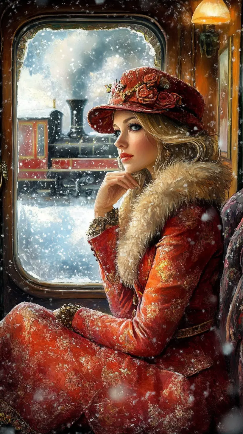 Woman In Red Coat On Vintage Train In Winter Snow