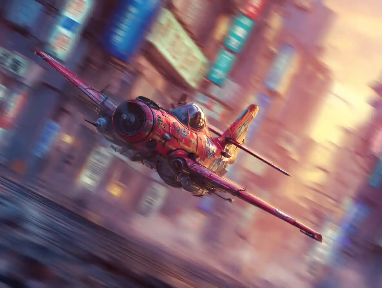 Woman racing through futuristic tokyo streets at sunset