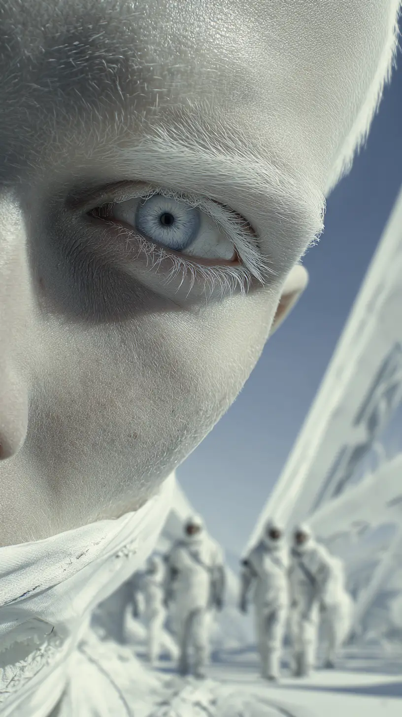 Albino inspired woman in futuristic sterile white interior