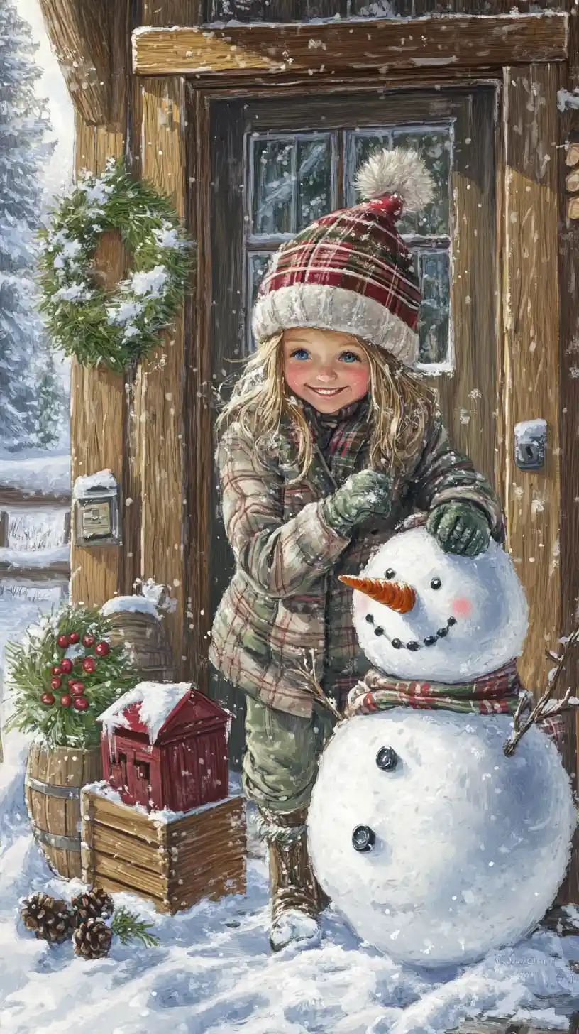 Girl building a snowman on a cozy alpine porch