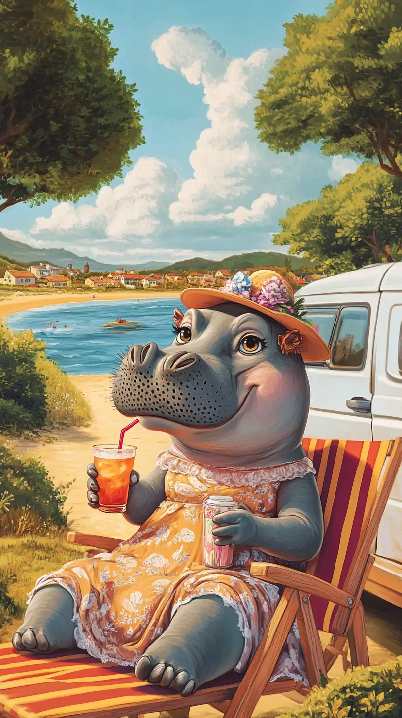 Anthropomorphic Hippo Relaxing With Cocktail By Camper Van