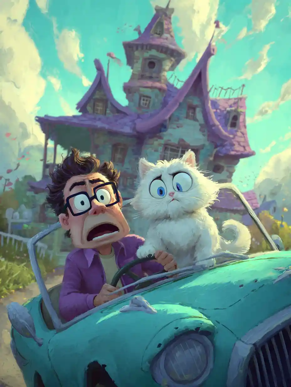 Un homme et un chat arrivent devant une maison fantaisiste en forme de chat
