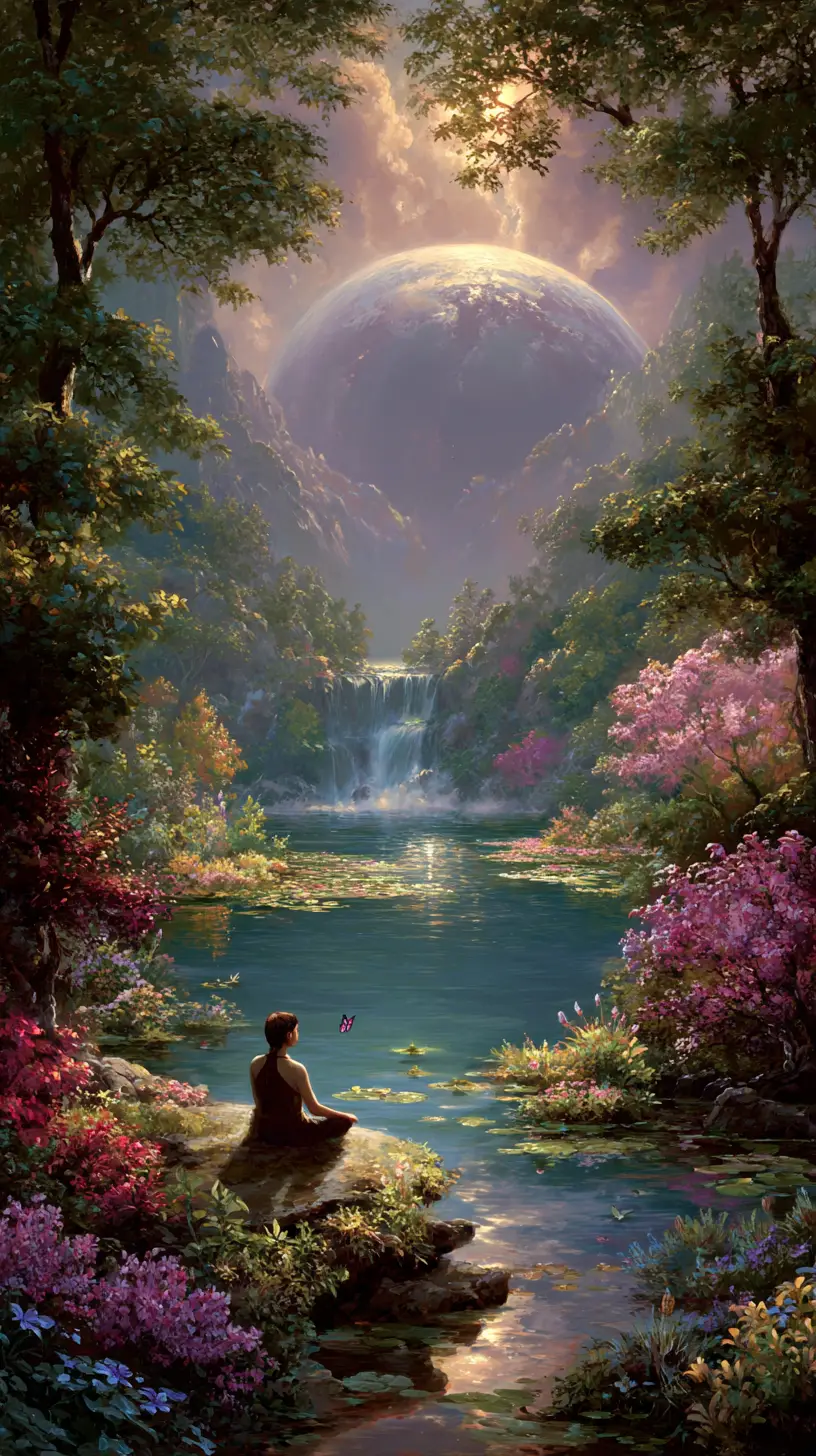 Woman meditating by a magical lake with waterfall
