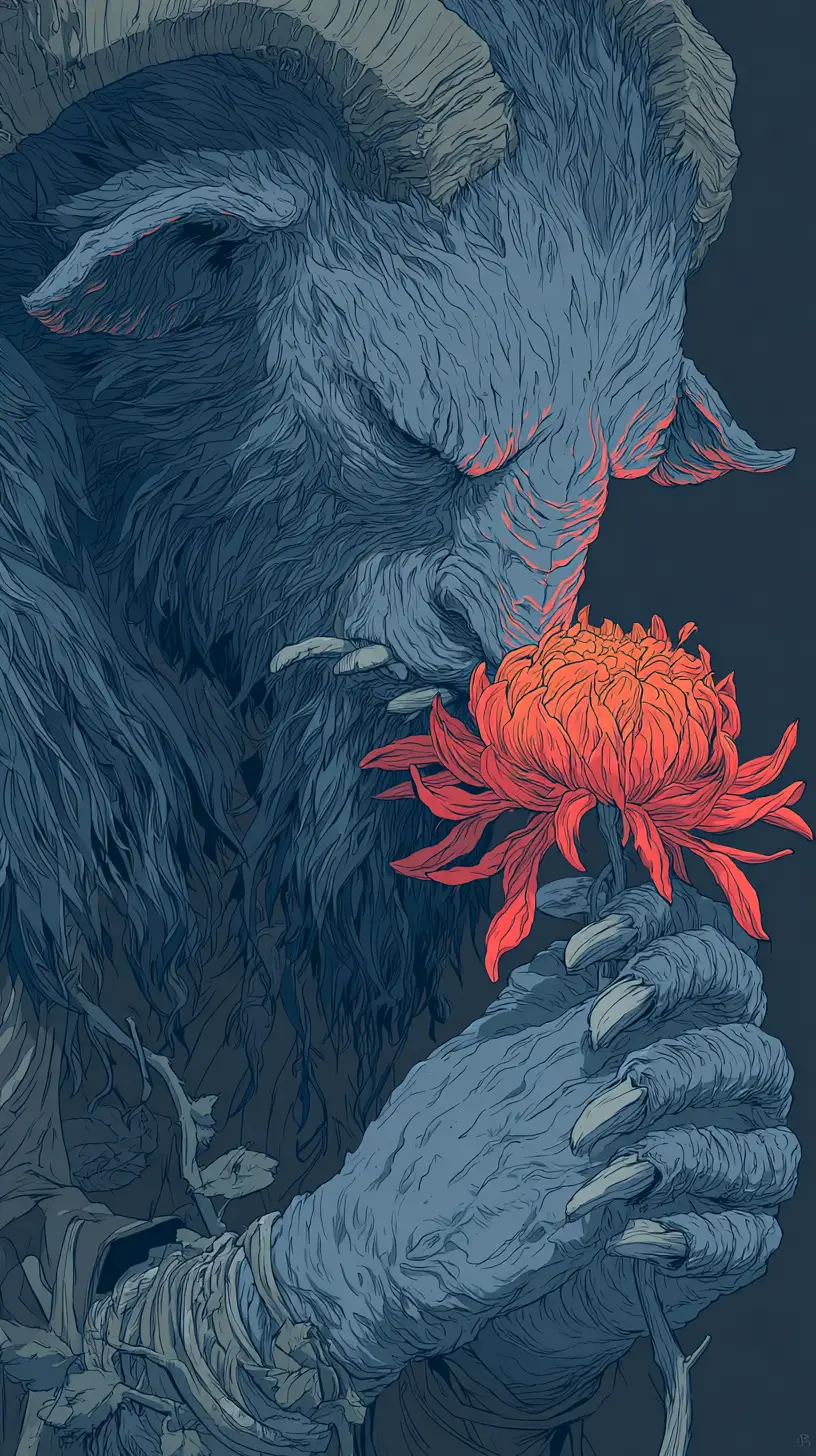 Horned monster smelling a bright exotic flower