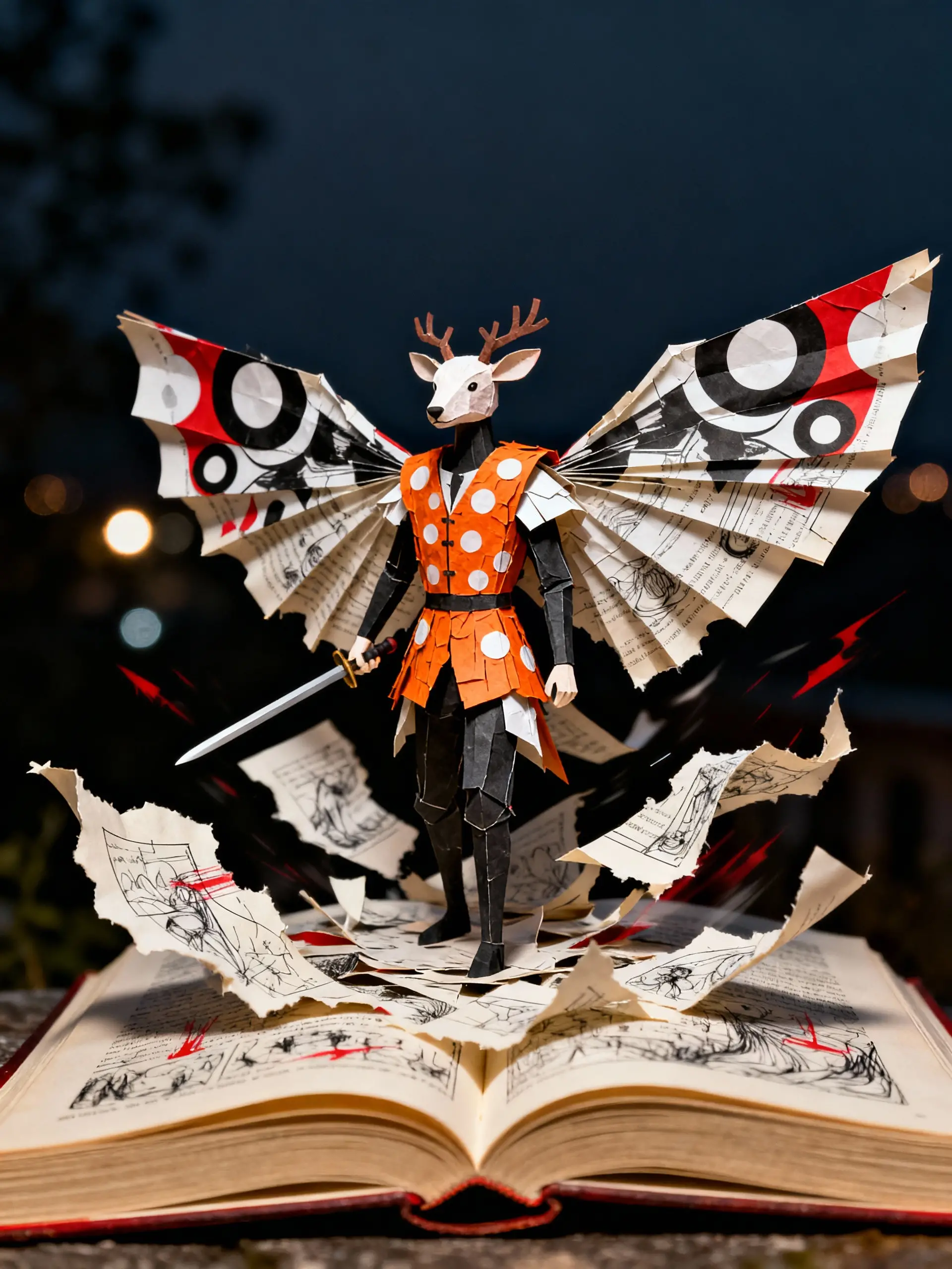 Paper warrior figure emerging from an open storybook