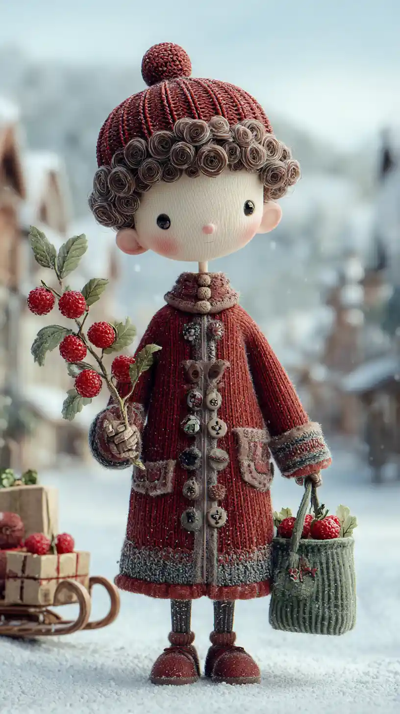 Whimsical doll character in a snowy winter town