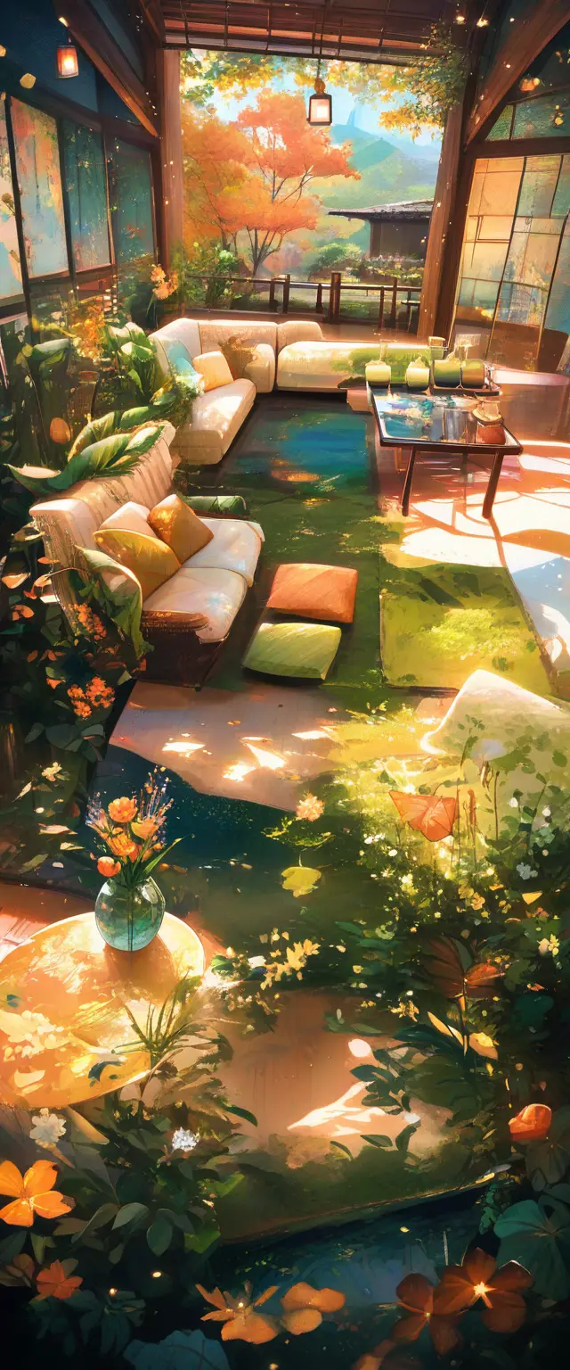 Cozy Sofa By Autumn Garden In Warm Evening Light