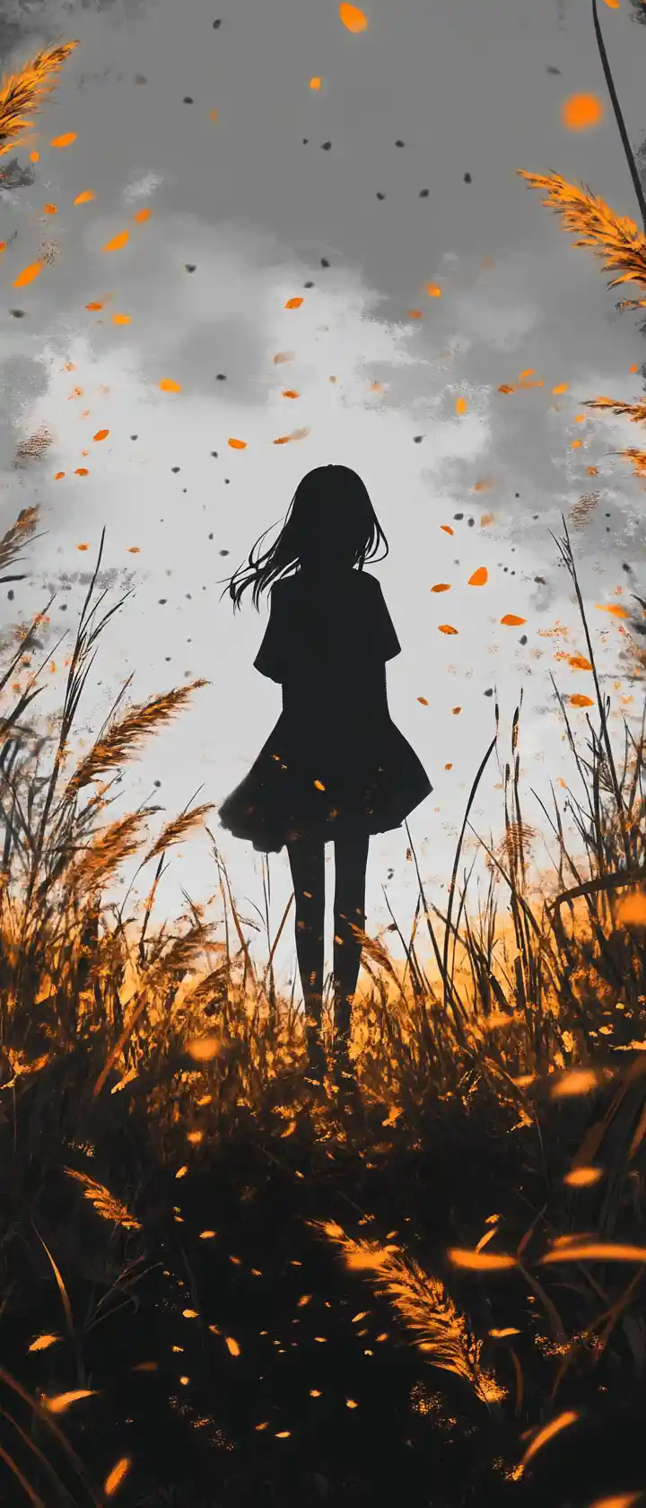 Silhouette d’anime marchant dans l’herbe dorée sous un ciel gris