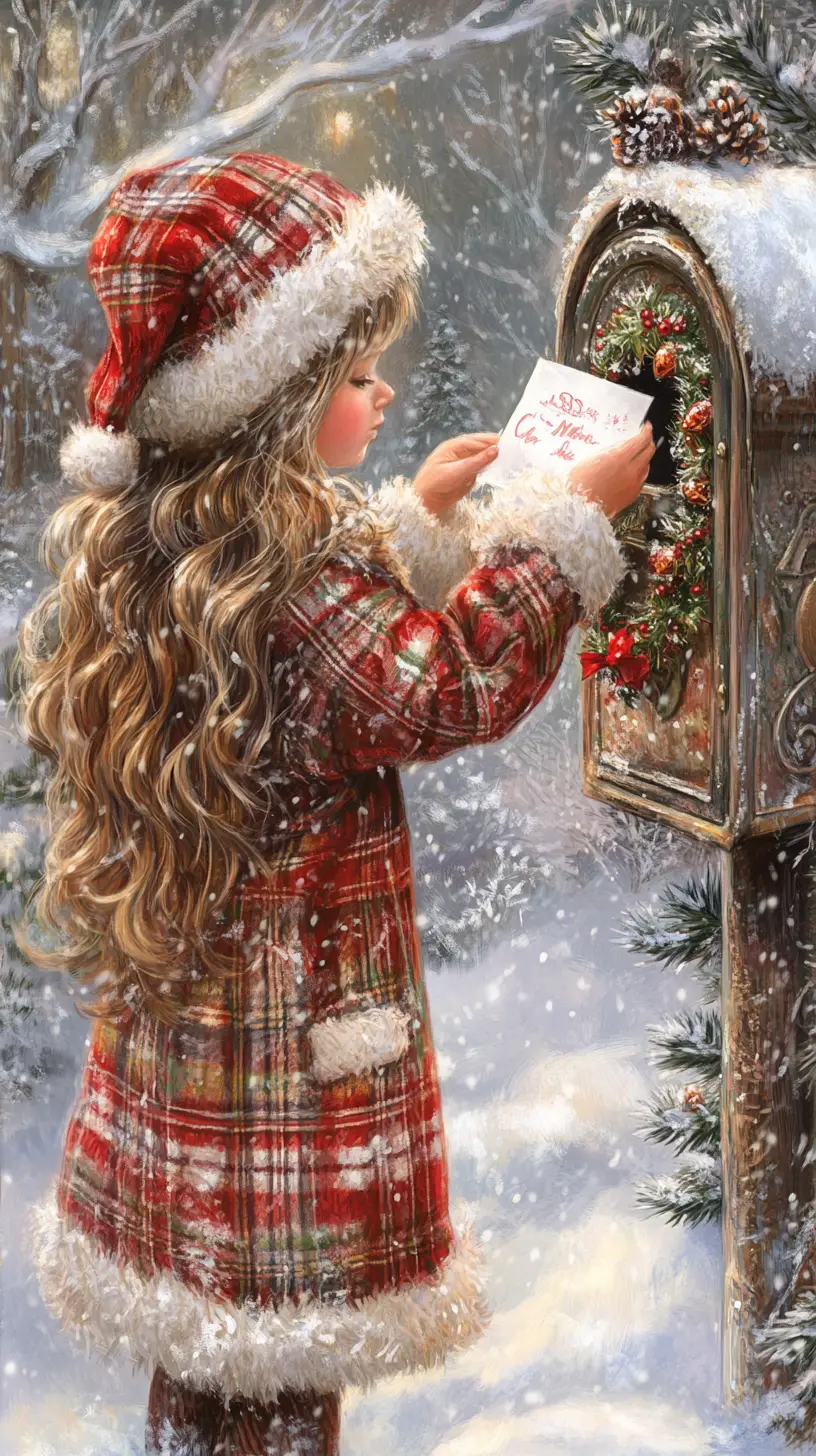 Young Girl Mailing Letter In Snowy Winter Landscape