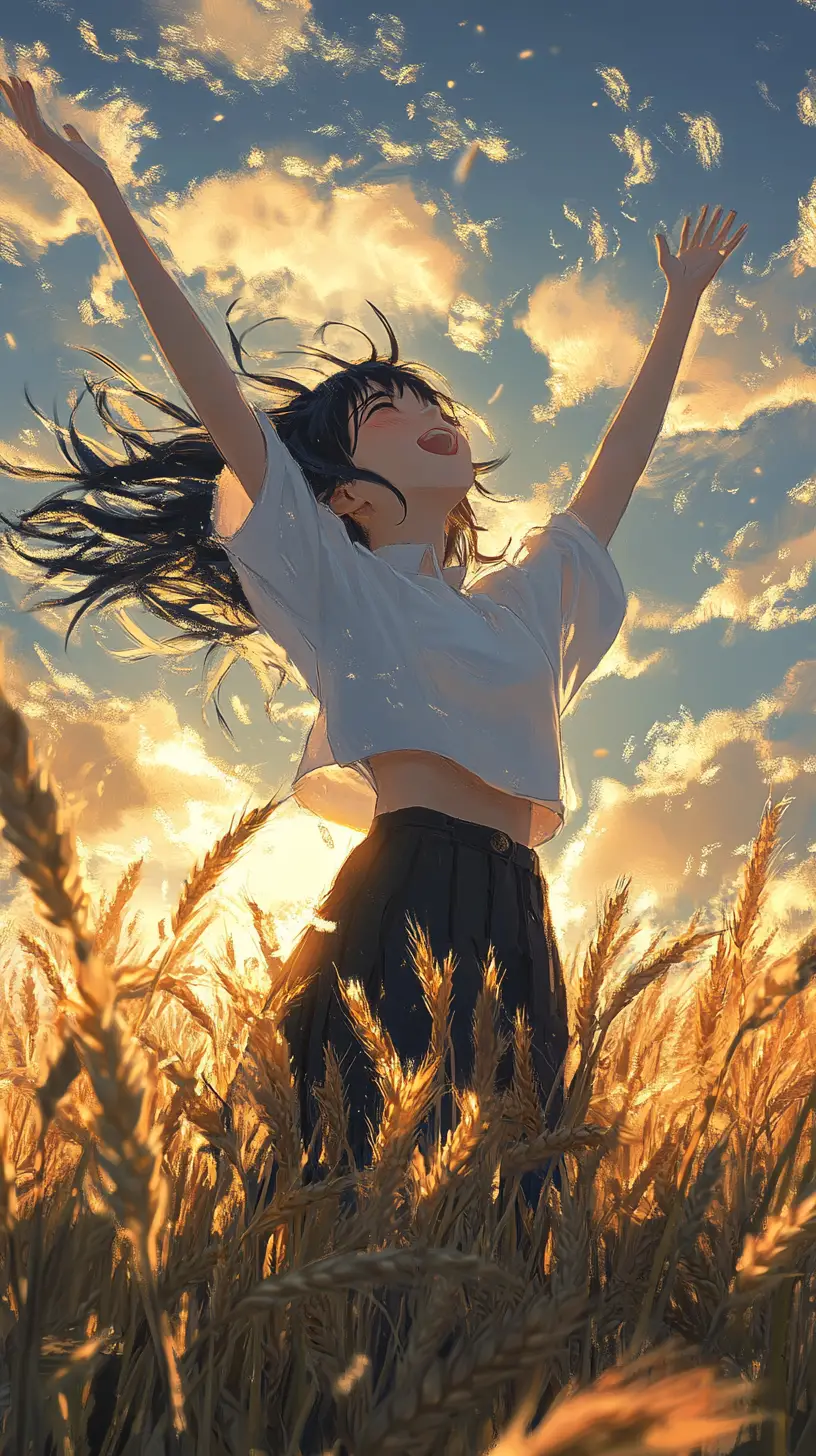 Anime girl celebrating in a windy wheat field at dusk
