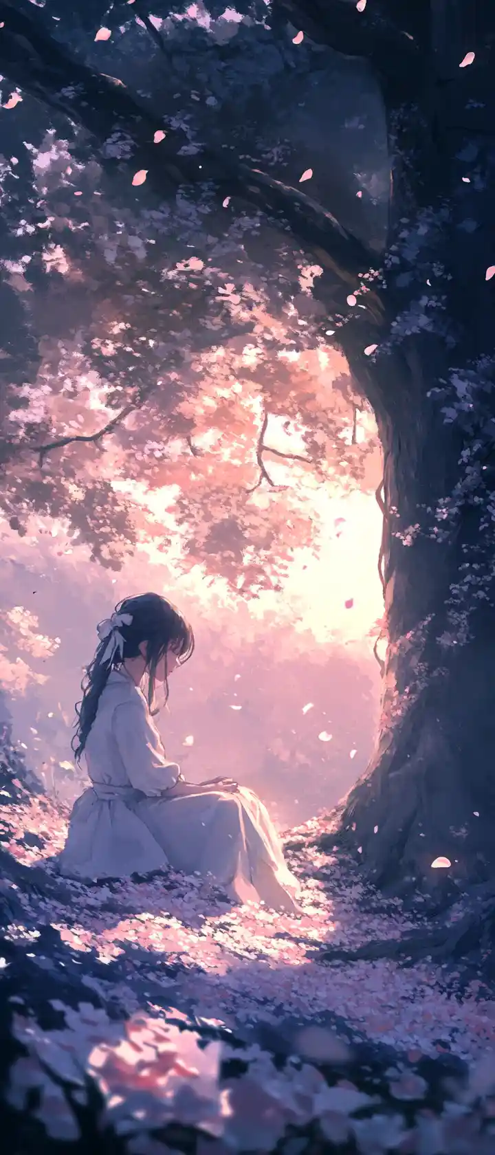 Anime girl under a tree in a quiet sunset