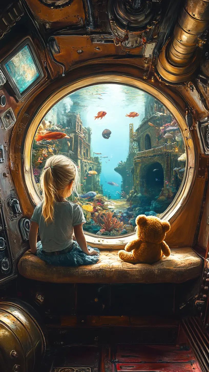 Young Girl In Submarine Cabin Watching Underwater City