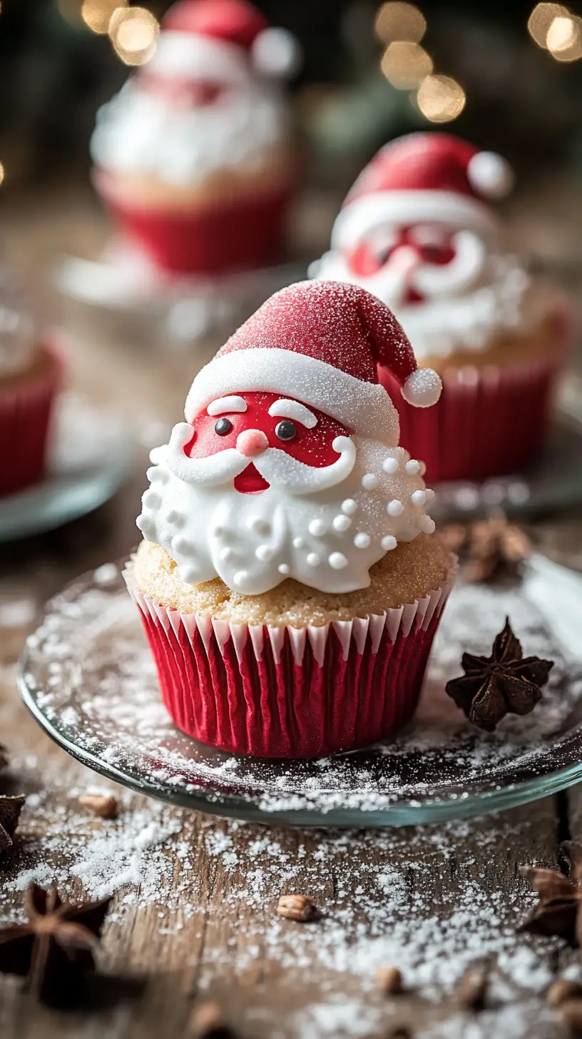 Santa cupcakes on Christmas plate in rustic kitchen