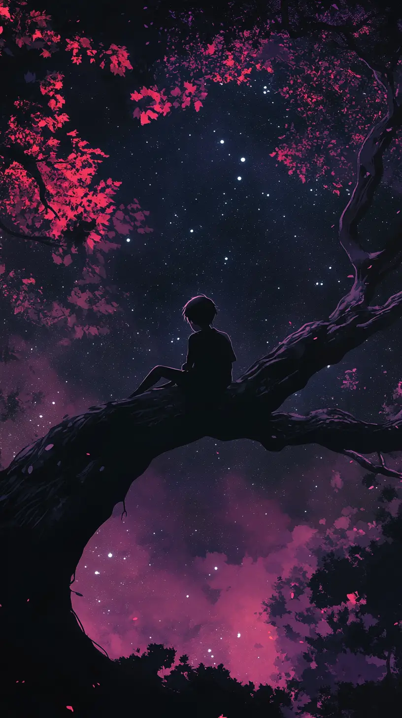 Boy on a tree branch under a starry night sky