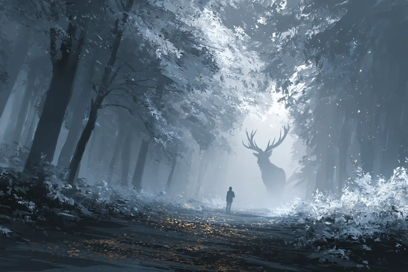 Forest path with floating leaves and ghostly stag watcher