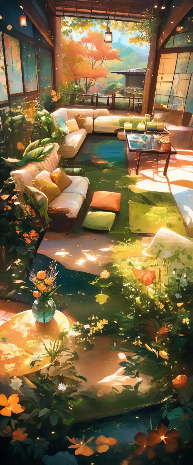Gemütliches Sofa am Herbstgarten im warmen Abendlicht