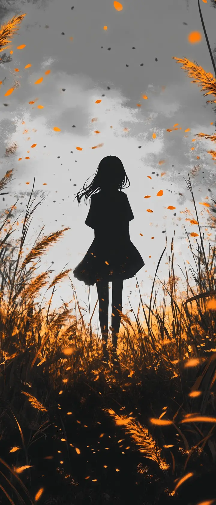 Anime silhouette walking across golden grass under gray sky