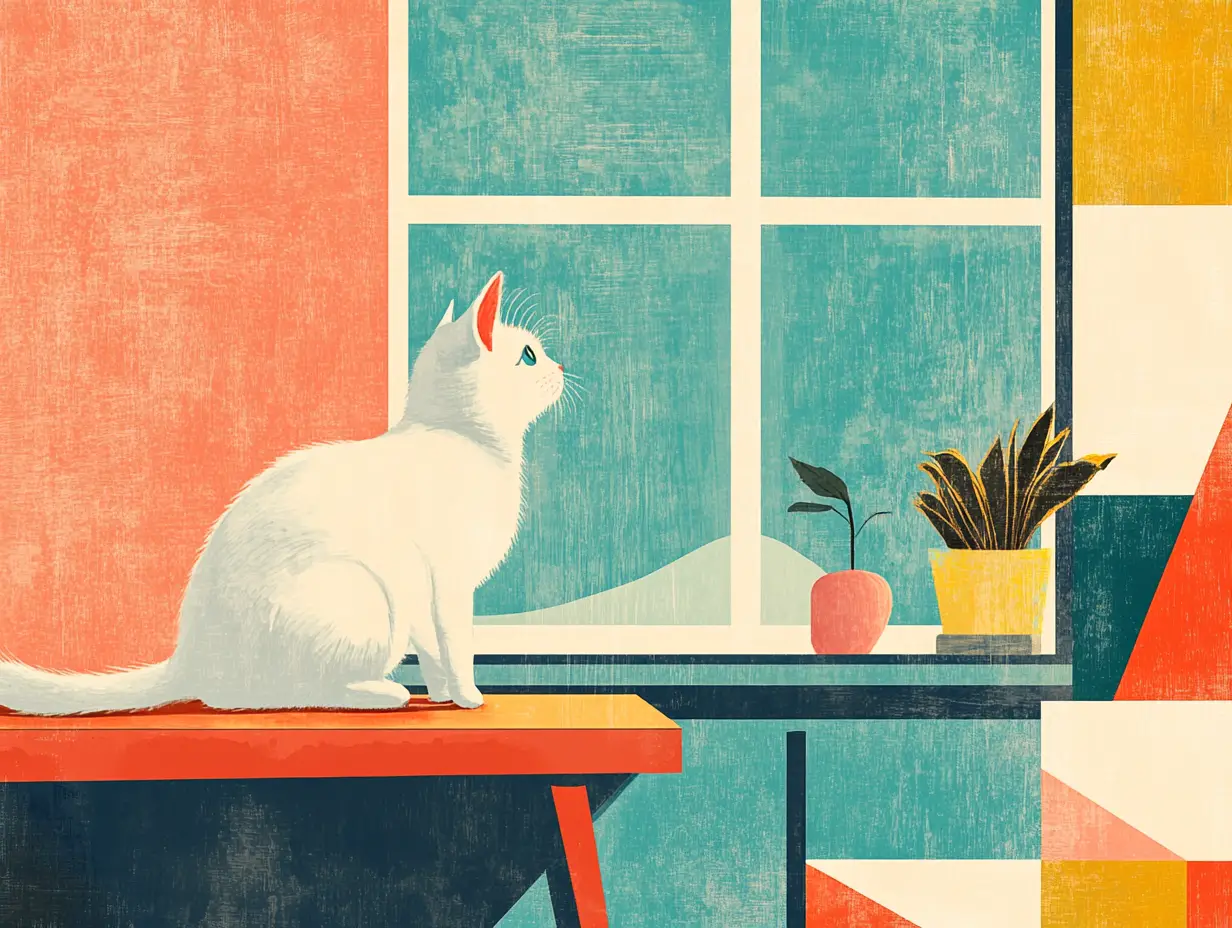 White cat on end table in colorful 1960s living room