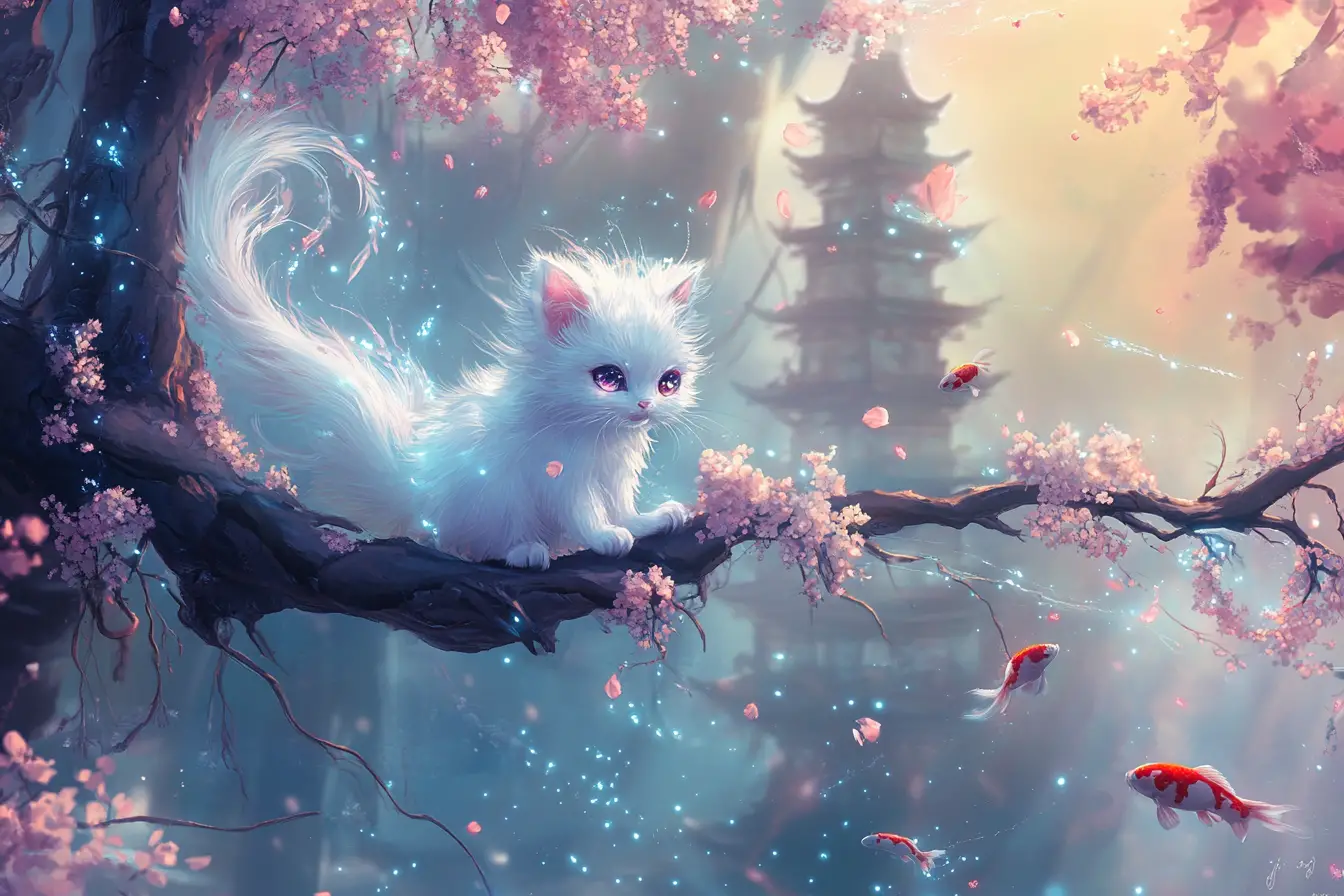 Tiny mystical fox on glowing cherry blossom branch