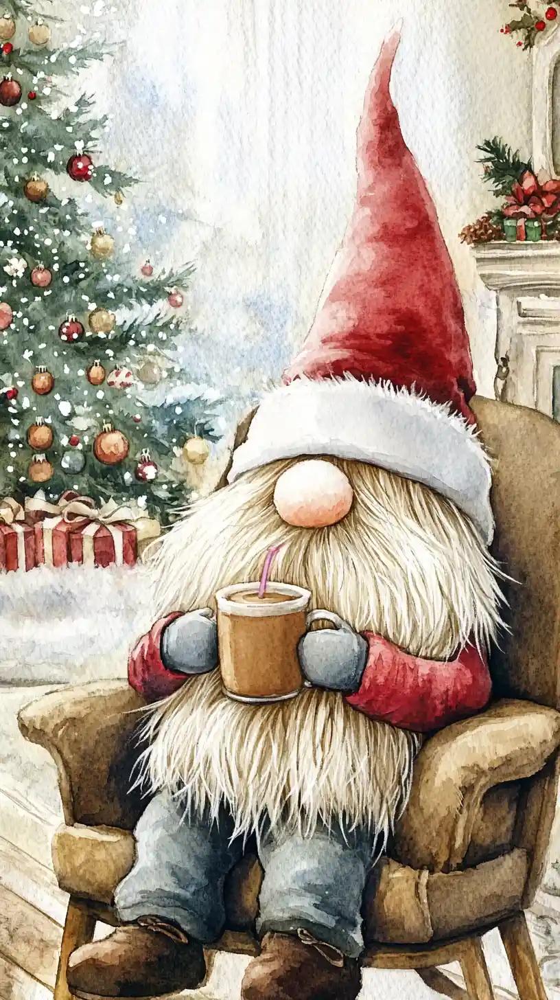 Cute christmas gnome with cocoa in cozy festive chair
