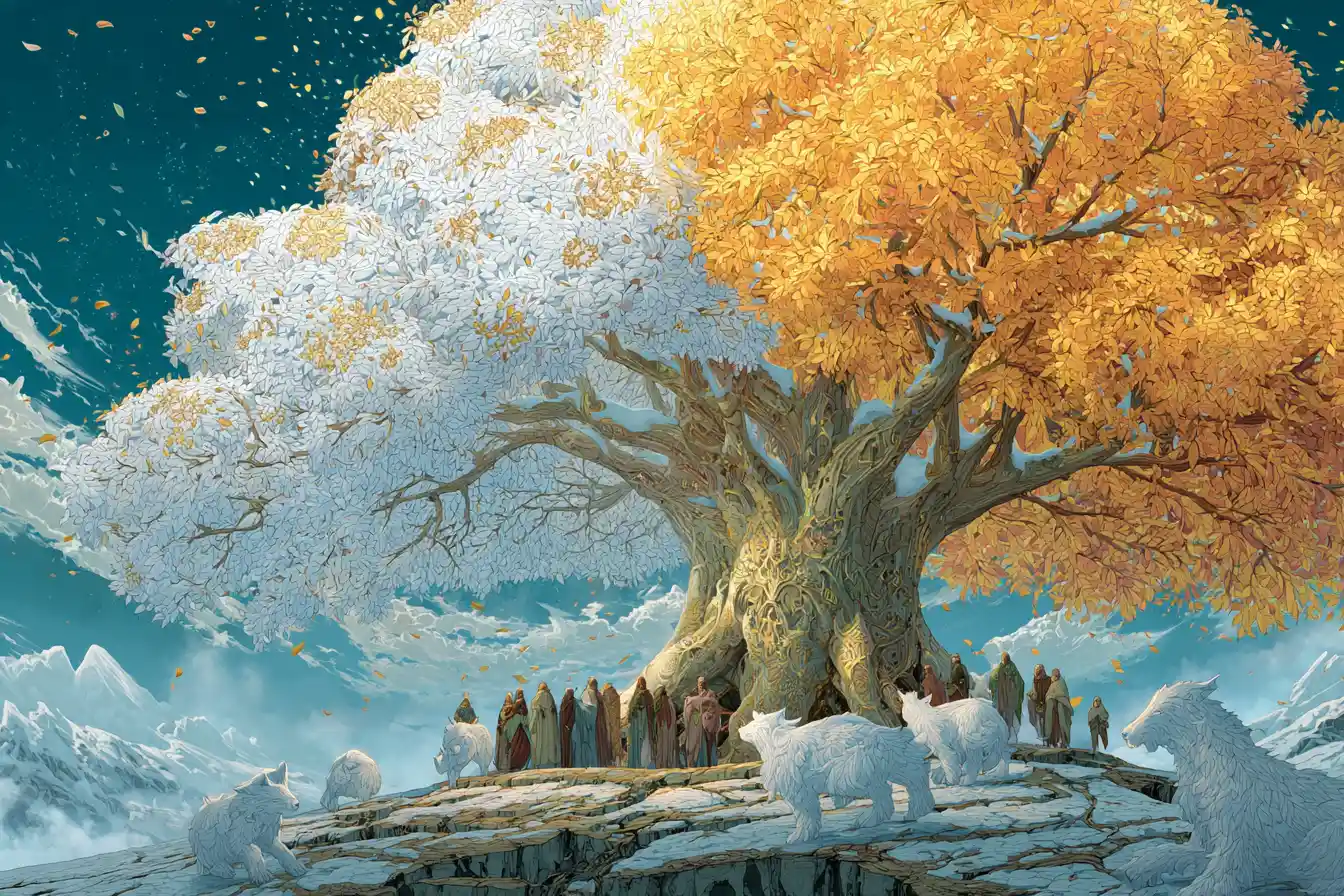 Ancient world edge tree with shifting seasons and magic