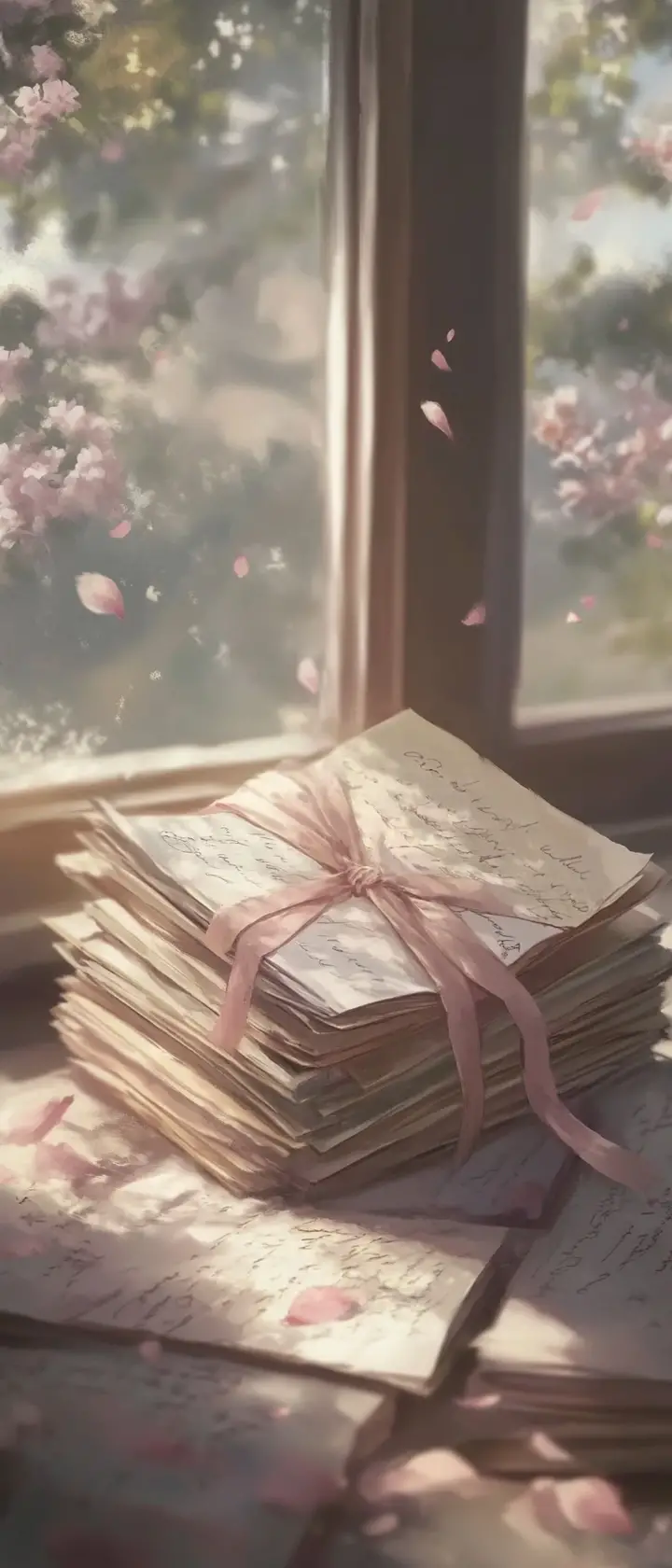 Stack of letters tied with a faded ribbon in soft light