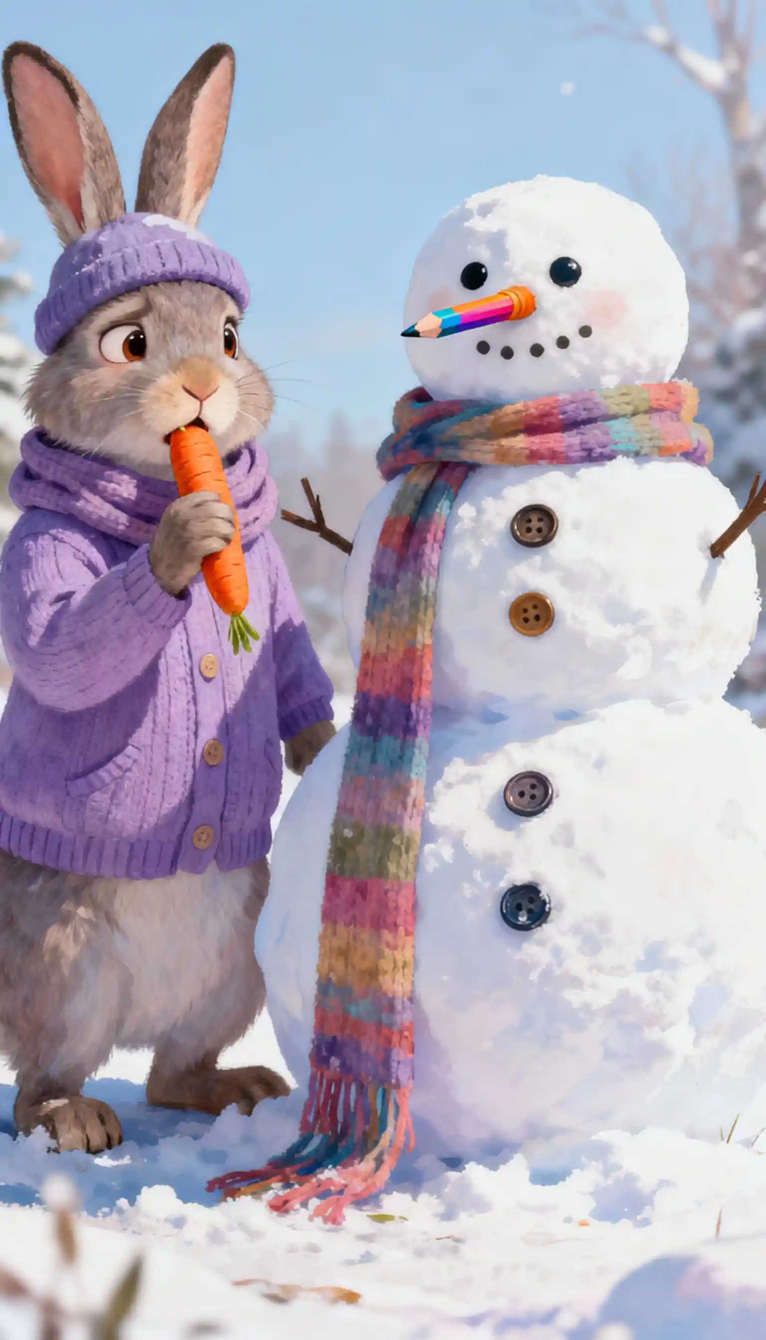 Playful rabbit with snowman in pastel winter illustration