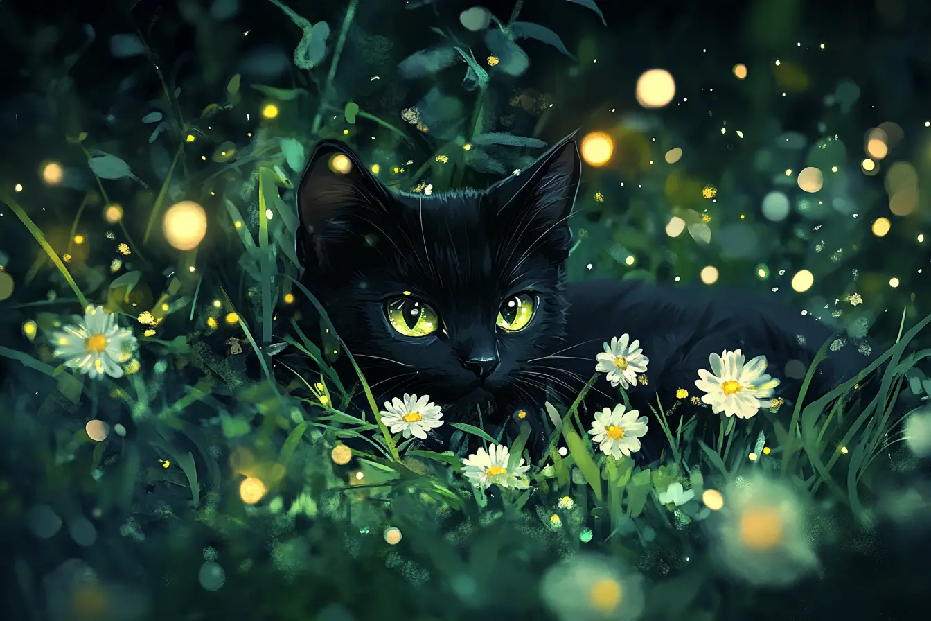 Cute black kitten sleeping in glowing neon meadow