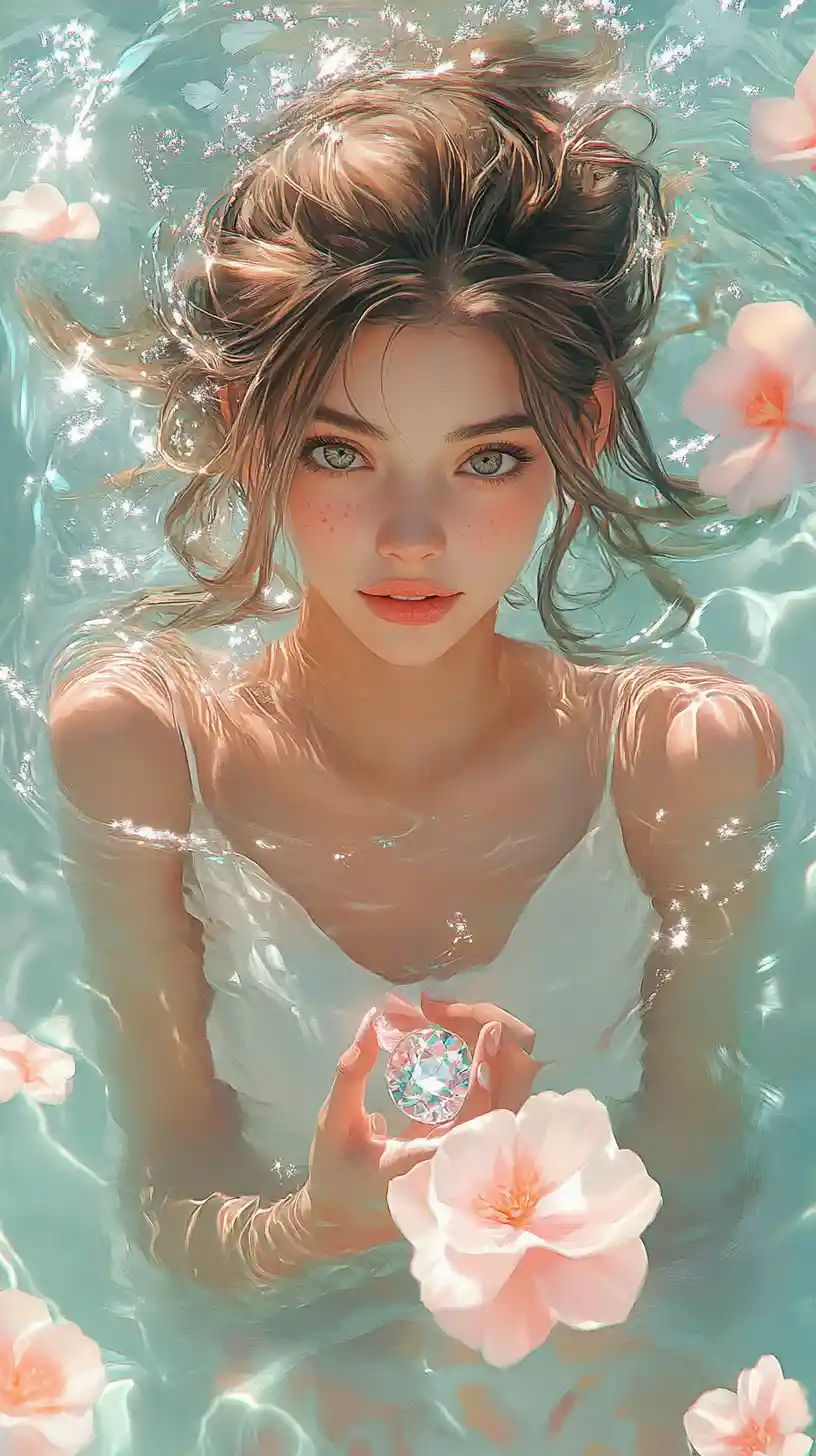 Young woman in pastel water holding a tiny diamond
