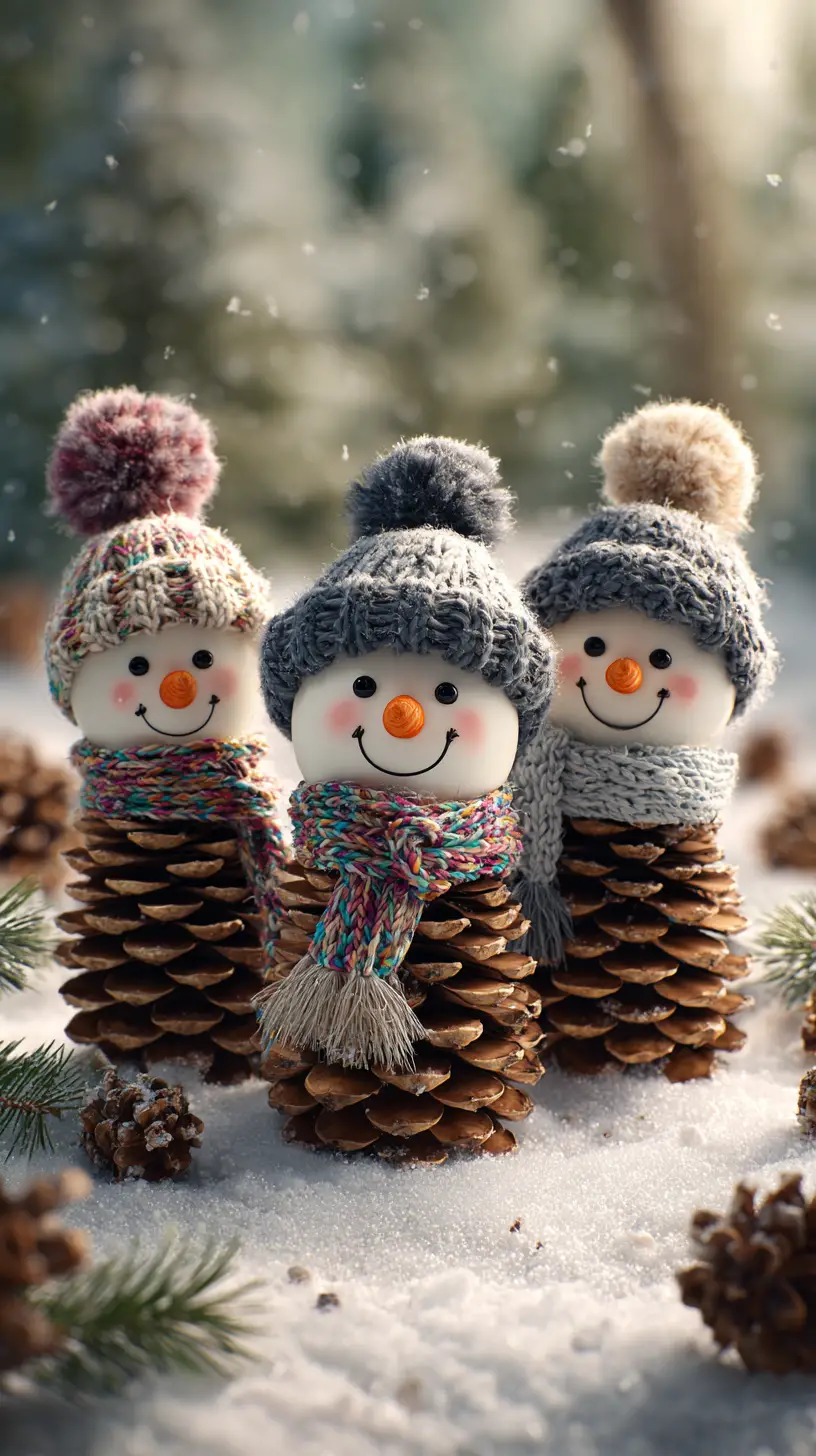Cheerful Pinecone Snowman Decorations In Winter Forest Scene