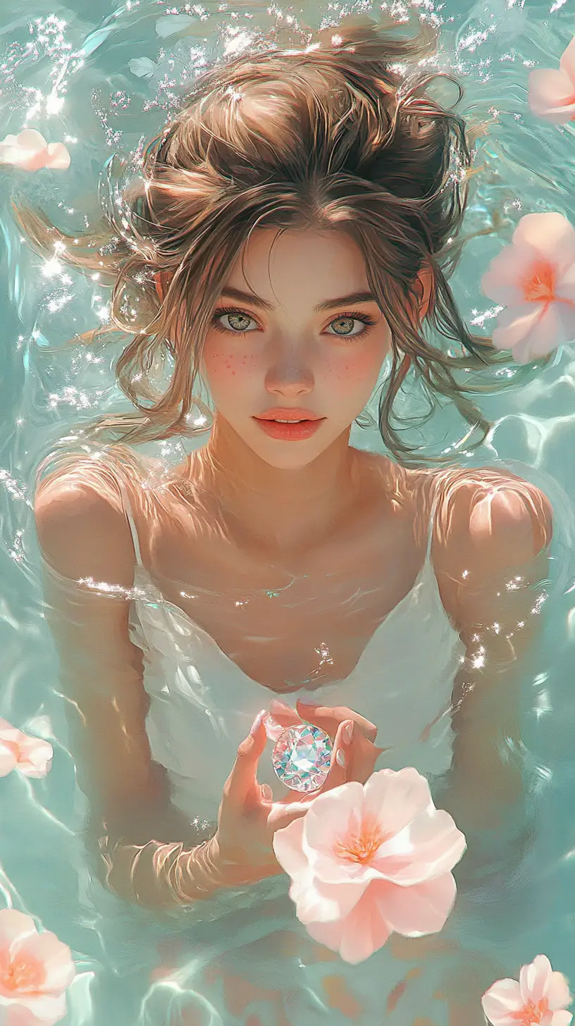 Young woman in pastel water holding a tiny diamond
