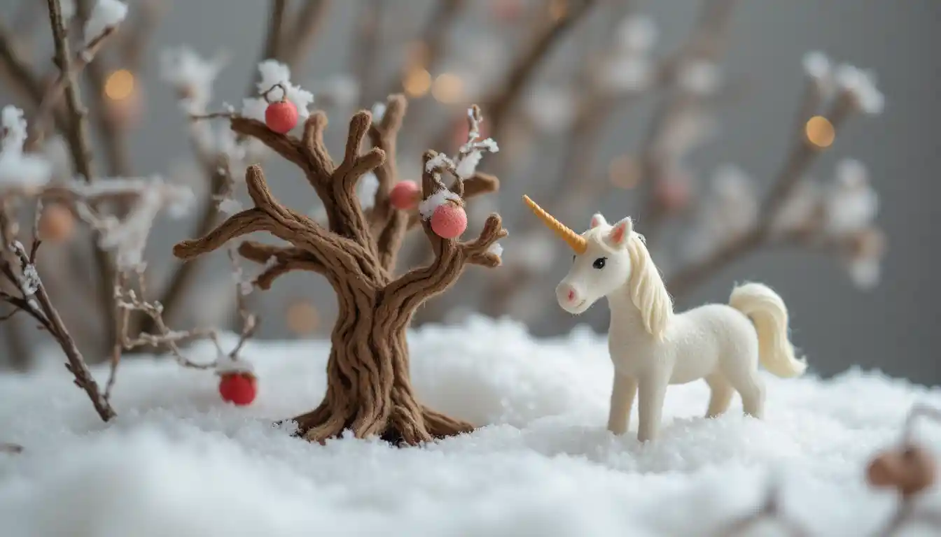 Cozy unicorn and tree miniature in snowy winter scene