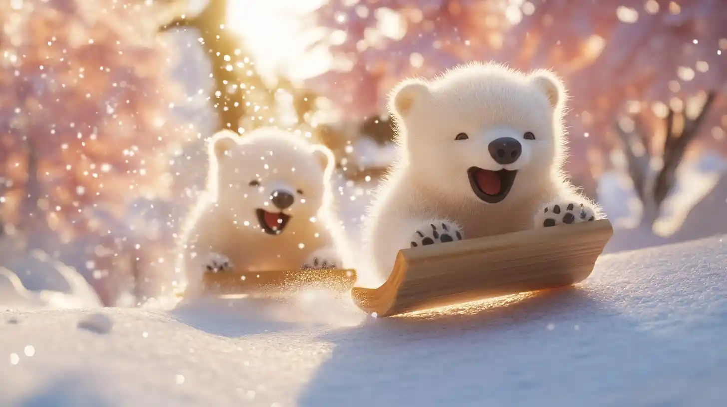 Polar bear cubs sledding down a sunlit snowy hill