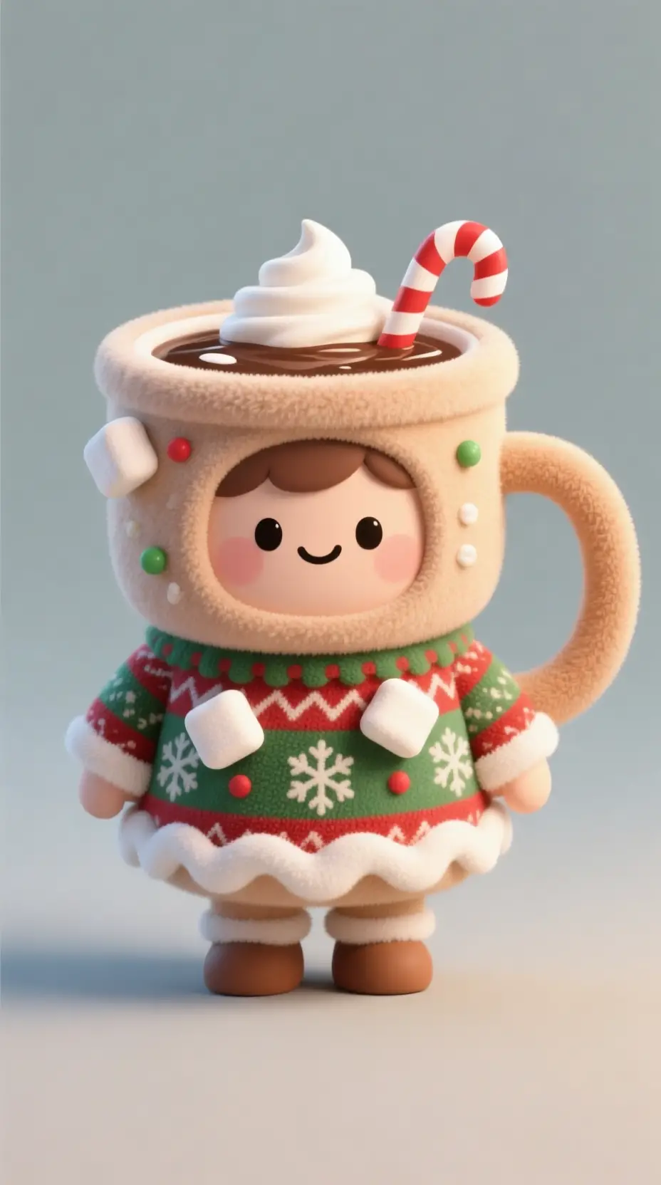 Cute cartoon character in a festive hot cocoa mug costume