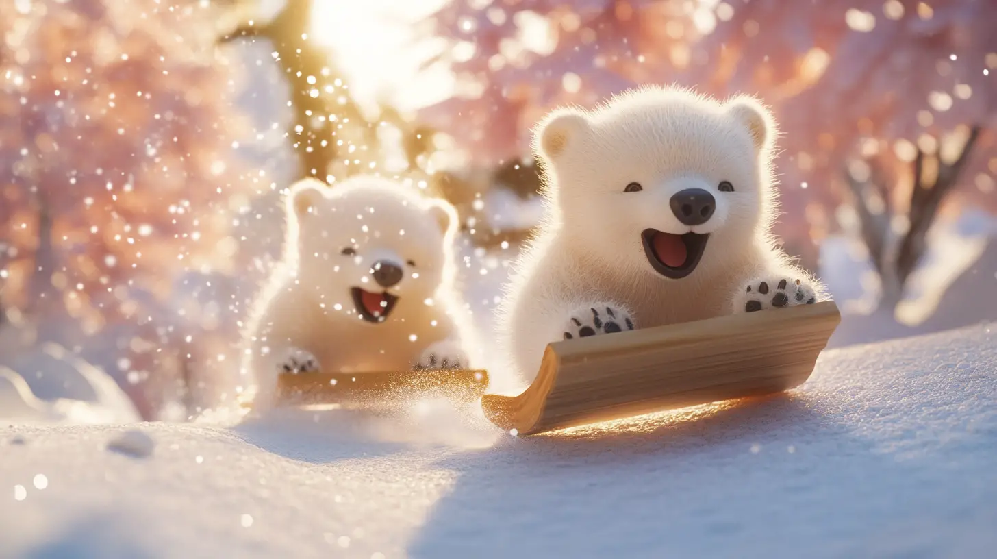 Polar bear cubs sledding down a sunlit snowy hill