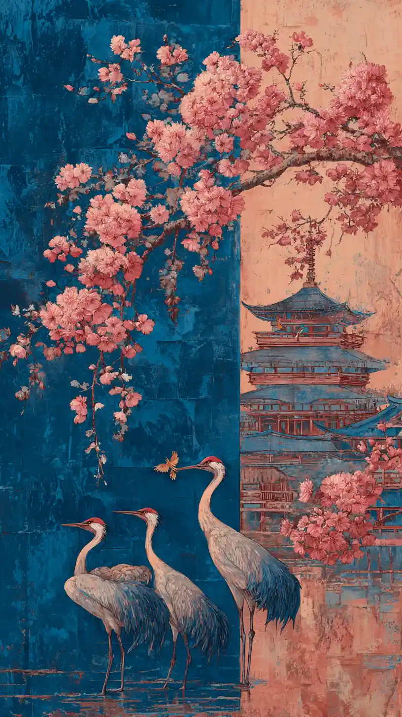 Grues japonaises et pagode au bord d’eaux tranquilles