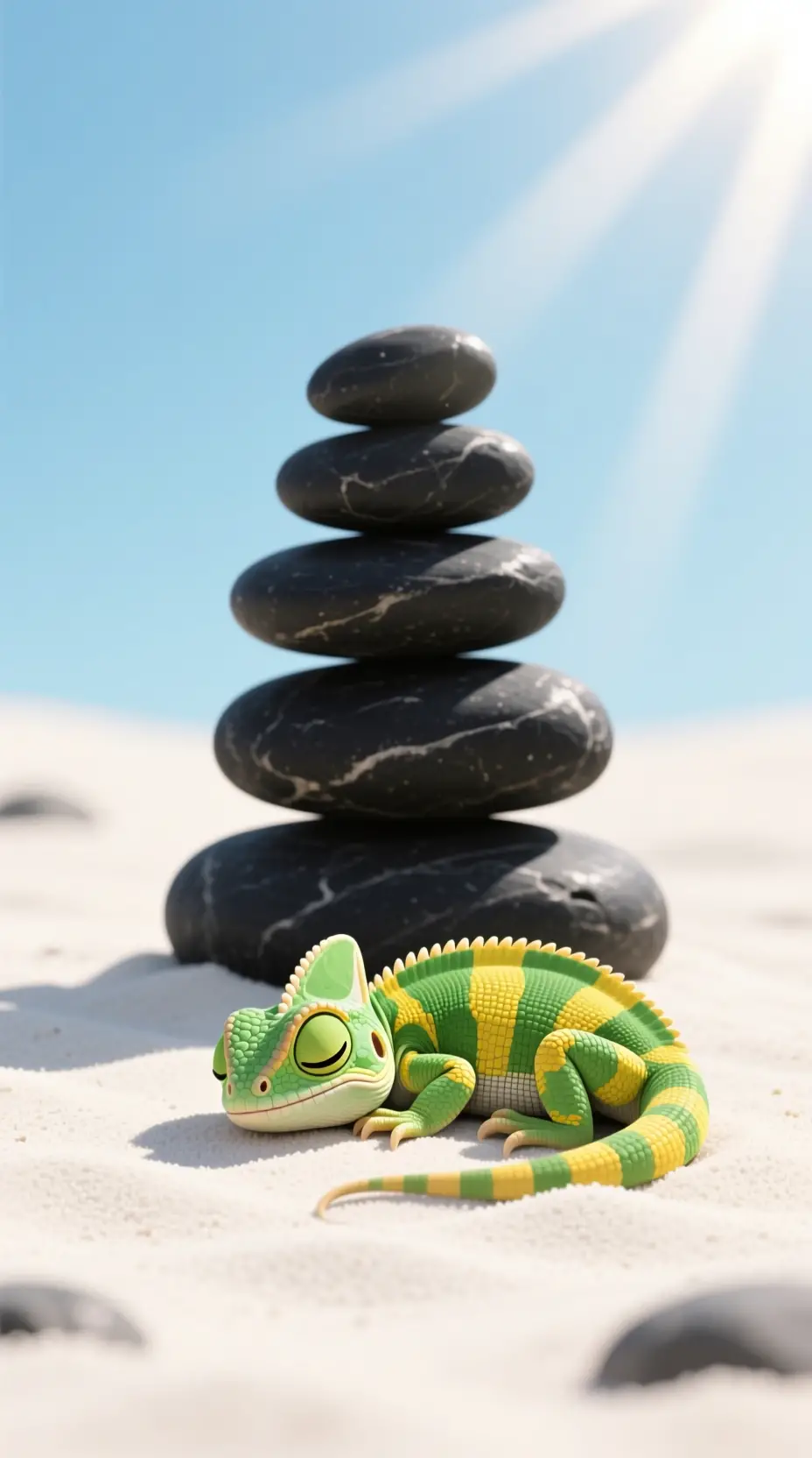Minimalistische Illustration einer schlafenden Eidechse auf weichem weißen Sand