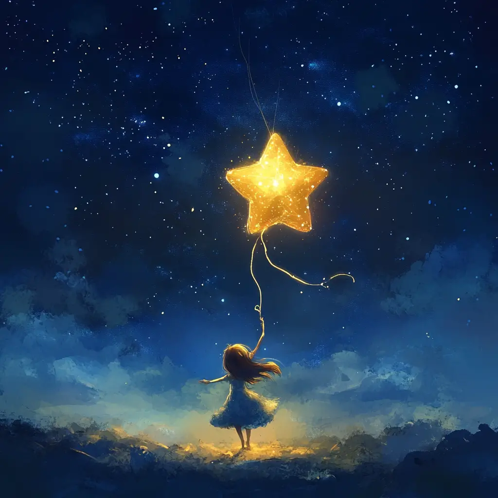 Girl riding a hanging star in a blue night sky