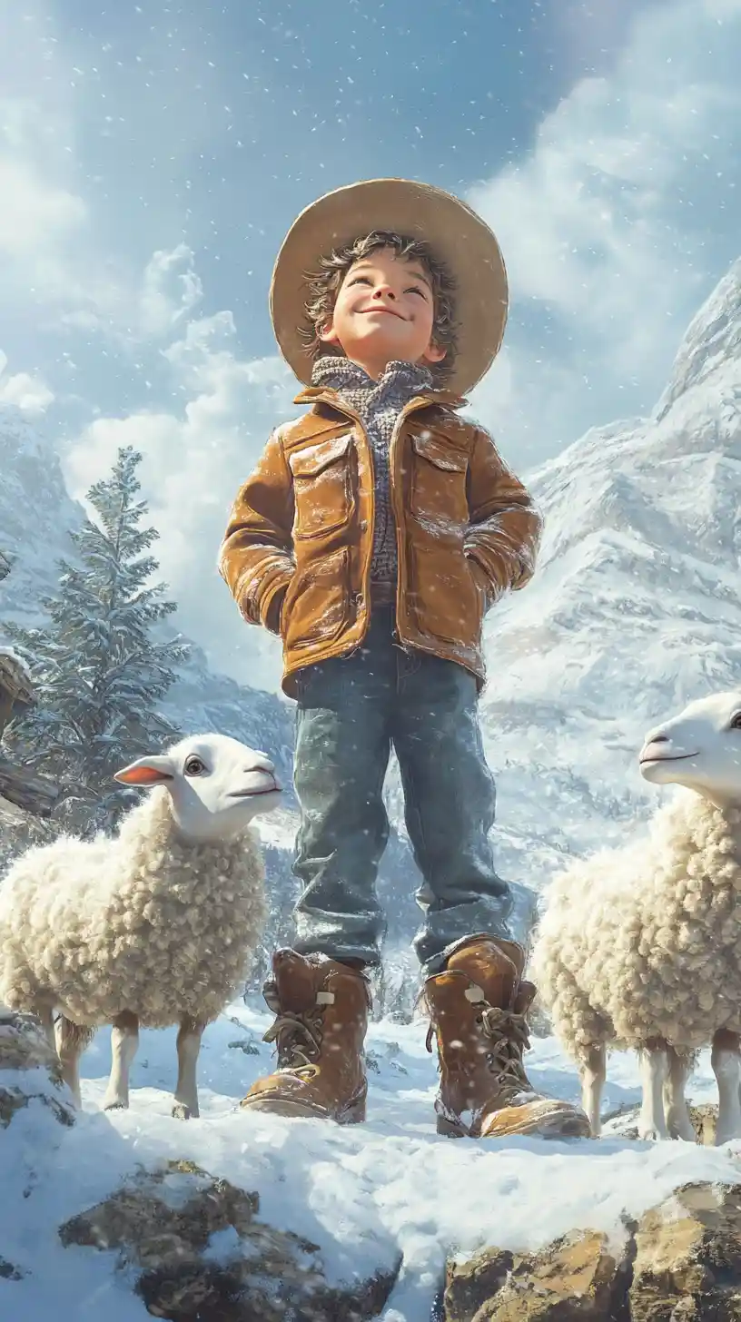 Cheerful boy with sheep in a snowy mountain landscape