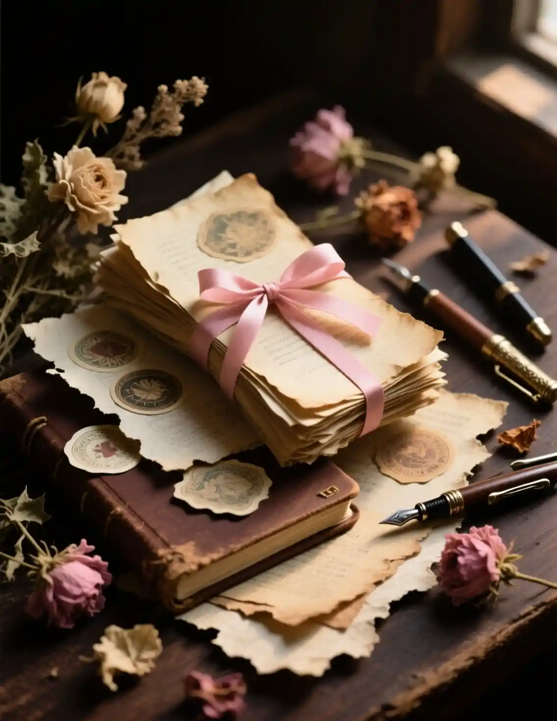 Fournitures de journaling vintage dans une nature morte chaleureuse et sombre