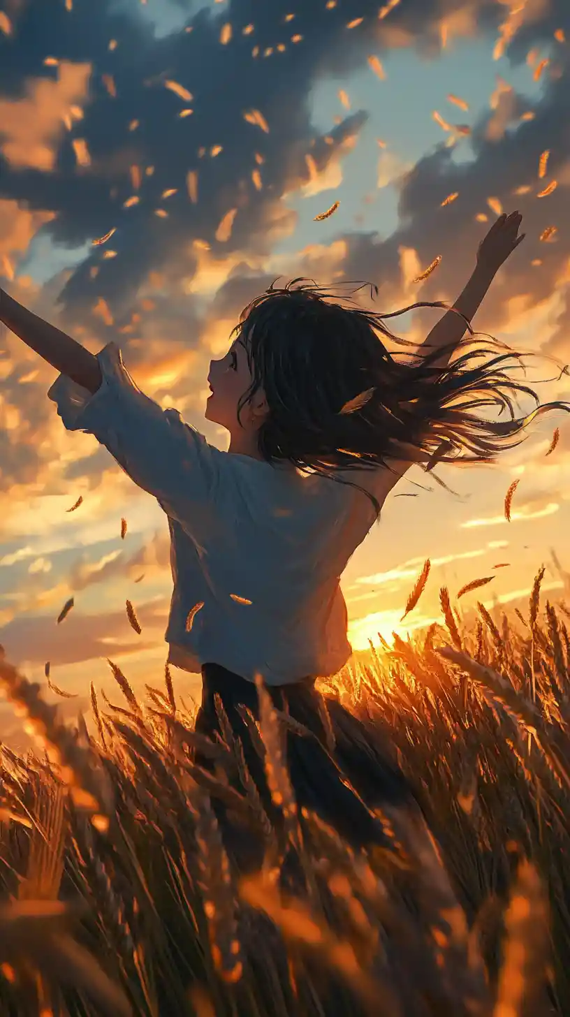 Ragazza anime che festeggia in un campo di grano al tramonto