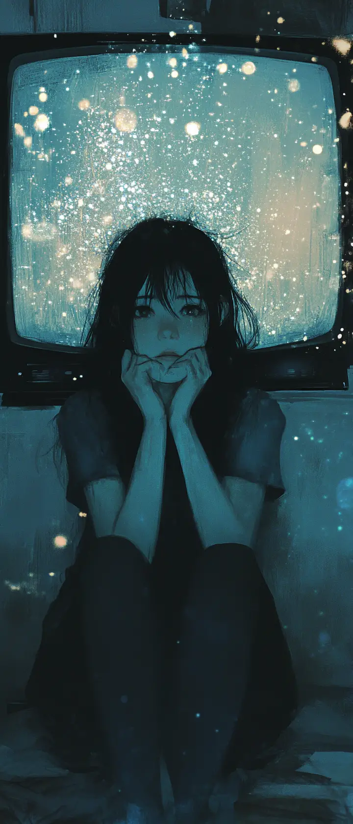 Anime girl glowing in eerie light of static television