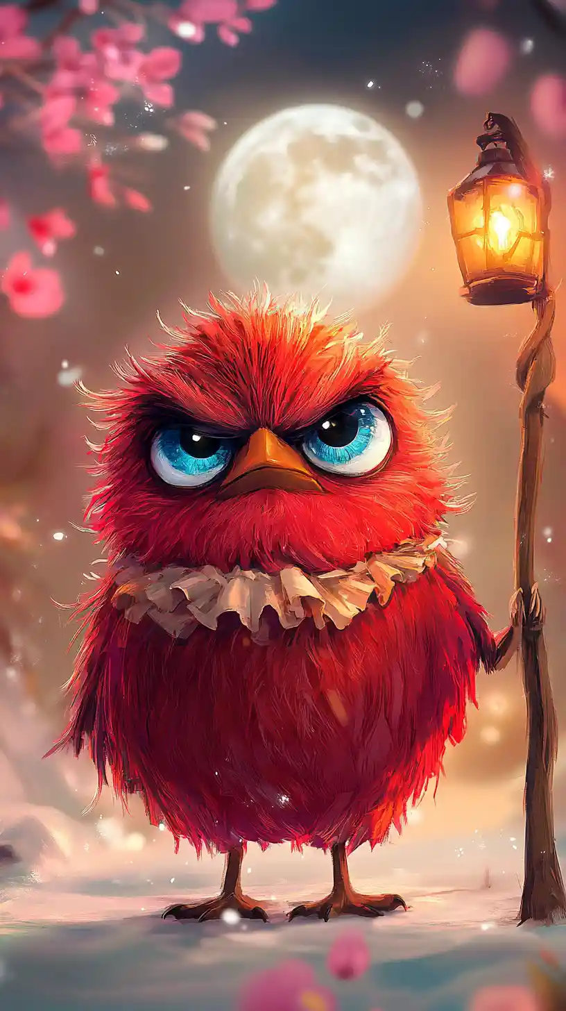 Grumpy red fantasy creature with lantern under full moon